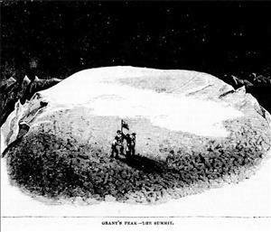 A sketch of four people holding a flag on a wide flat snowy space surrounded by distant mountain peaks. 